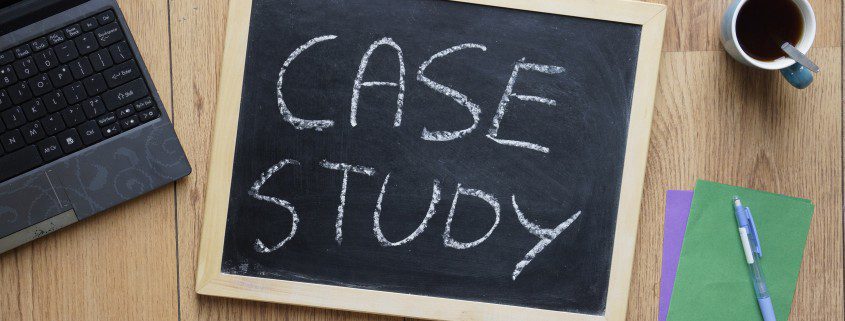 Tips from a B2B case study writer. Image of "case study' on chalk board.