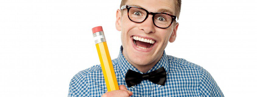 Laughing nerd with pencil to highlight using humour in speech writing.